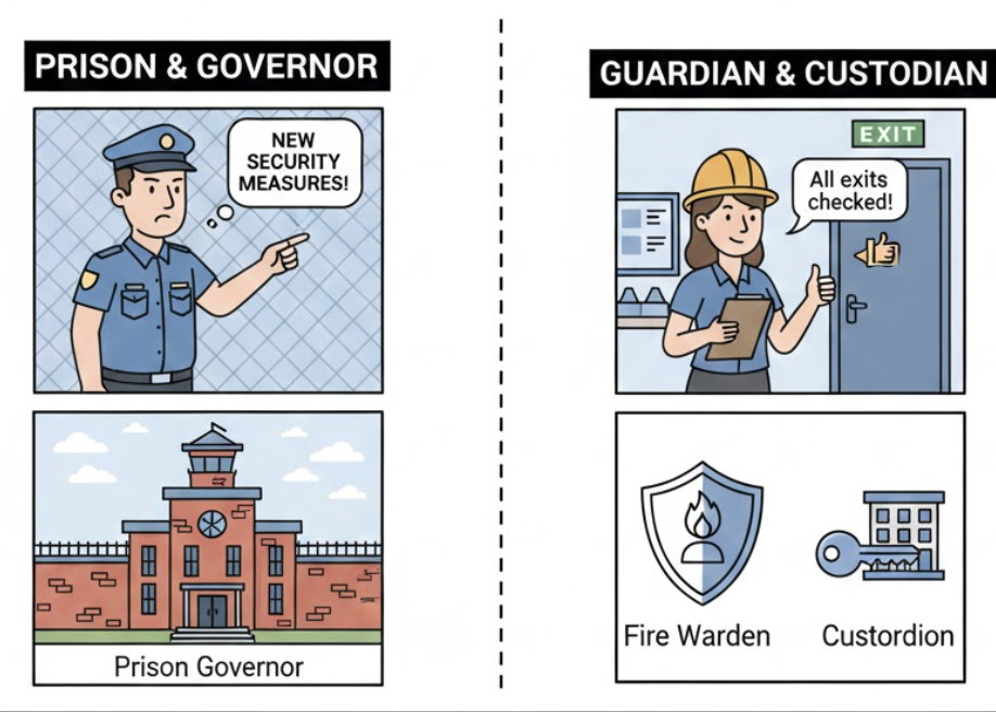 <ol><li><p><strong>the official in charge of a prison; the prison governor.</strong> </p></li></ol><p>(giám thị, người cai ngục, quản giáo)</p><ol start="2"><li><p><strong>a person responsible for the supervision of a particular place or activity; a keeper.</strong></p></li></ol><p> (người quản lý, người giám sát, người bảo vệ)</p>