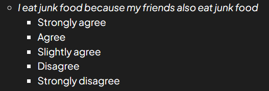 <p><span><span>The respondent </span><strong><span>indicates their agreement or disagreement with a statement</span></strong><span> using a </span><strong><span>scale of usually 5 points</span></strong><span>. The scale ranges from strongly agree to strongly disagree.</span></span></p>