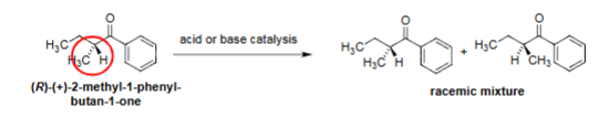 <ul><li><p>Acid/base removes α-H → enolate/enol forms.</p><ul><li><p>α-Carbon next to carbonyl.</p></li></ul></li><li><p>Reprotonation gives loss of stereochemistry.</p></li><li><p>Produces racemic mixture from chiral ketone.</p></li></ul><p></p>