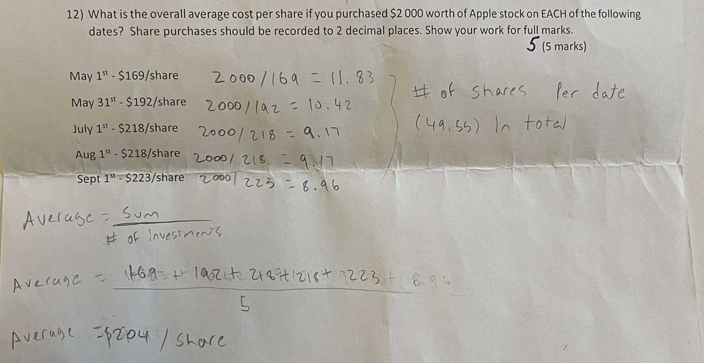<p>A = Sum price of shares / number of investments</p>