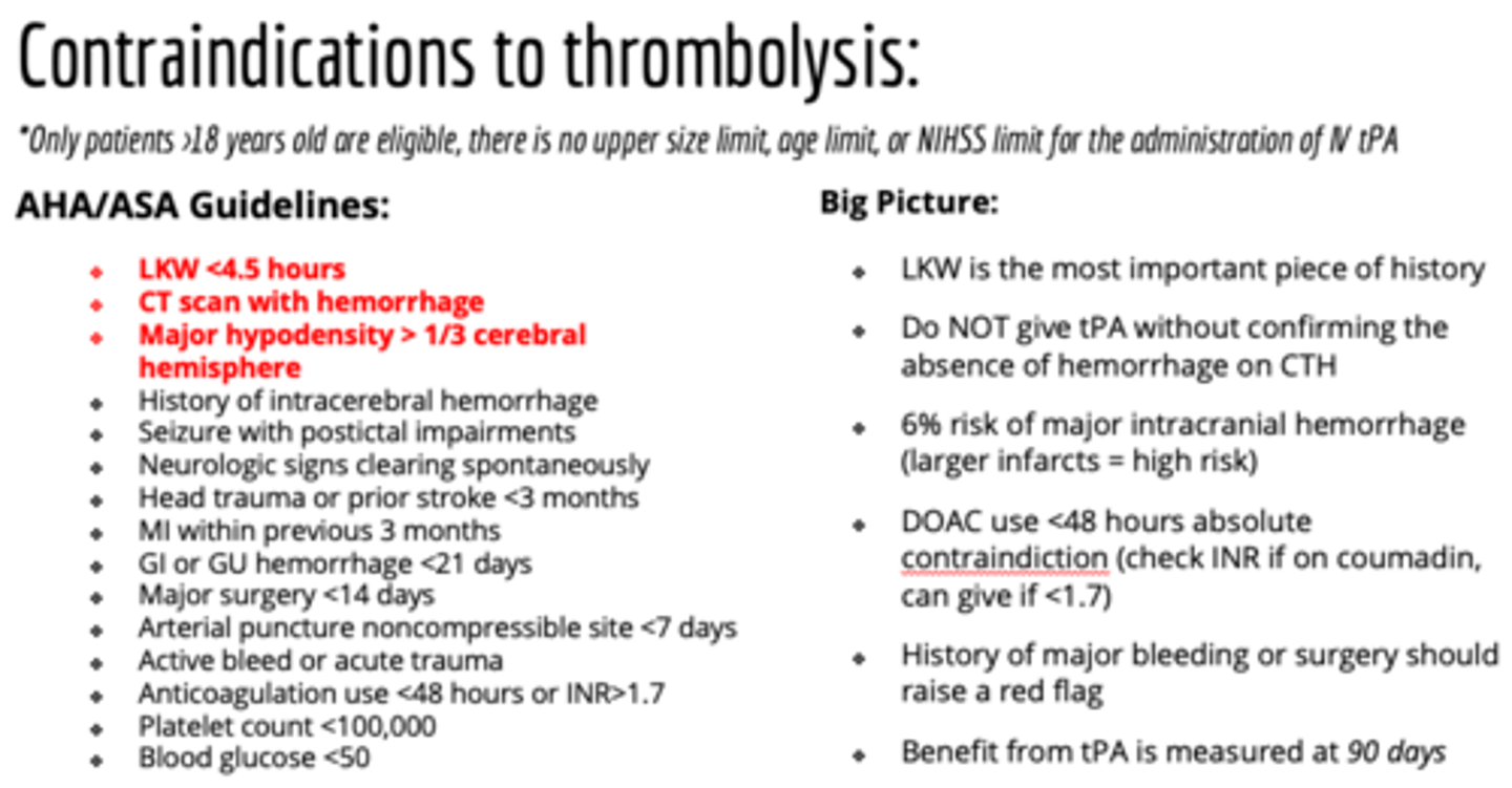 <p>- LKW is the most important piece of history </p><p>- Do NOT give tPA without confirming the absence of hemorrhage on CTH (blood in brain = do NOT give)</p><p>- Healthy brain tissue will not bleed, infarcted tissue has potential to bleed</p><p>- Hx of major bleed or surgery should raise a red flag</p><p>- Always check platelets &amp; coags</p><p>- Reconsider tPA if symptoms resolving</p>