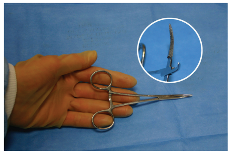 <p>Nickname: Curved mosquito or curved hemostat</p><p>Use: Grasps light tissue, small vessels, use with the surgical pattern- clamp-clamp-cut-tie in General and PV </p><p>Features: Curved tip with serrations, various lengths</p>