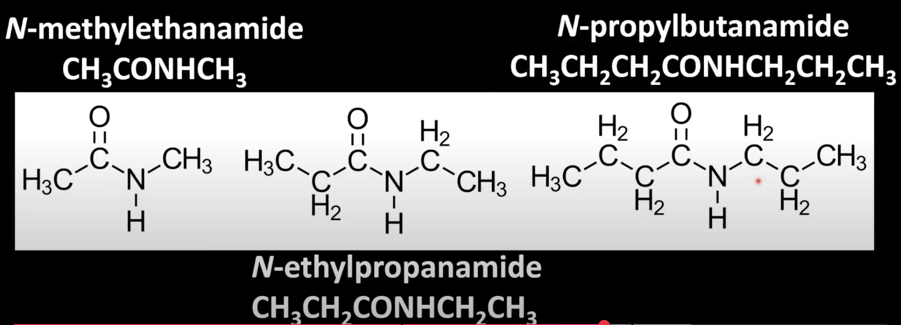 <p>Use 'N-' to denote alkyl groups attached to nitrogen.</p><p> Base name is from the amide chain</p><p>Prefix the N-alkyl group (e.g. N-methylpropanamide).</p>