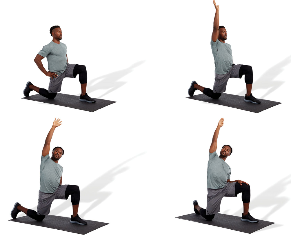 kneel with front and back legs flexed at a 90-degree angle

draw in the navel and posteriorly rotate the pelvis

squeeze the gluteal muscles of the side being stretched

as a progression, raise the arm (on the same side as the back leg) up and over to the opposite side while maintaining pelvis position

hold side bend position and slowly rotate posteriorly as illustrated

to emphasize the TFL, externally rotate the rear leg, whereas to emphasize the psoas, internally rotate the rear leg