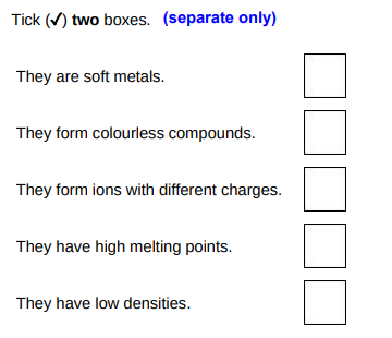 <p>Which two statements are properties of most transition metals?(2)</p>