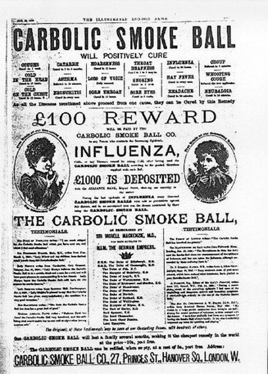 <p>Chapter: Offer and Acceptance (Unilateral vs Bilateral Offers)</p><p>Facts: CSB advertised to pay 100 GBP to anyone who used its product and caught influenza and deposited 1000 GBP in a bank to show sincerity. Carlil bought it and caught influenza.</p><p>Principle: An advertisement can be an offer if it shows clear intent to be bound</p><p>AND</p><p>Chapter: Offer and Acceptance (Exceptions to the Need for Communication))</p><p>Principle: A unilateral contract is accepted by performance, not promise, and does not require notification of acceptance.</p>