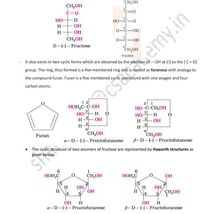 <ul><li><p>Fructose is an important ketohexose also with the molecular formula C₆H₁₂O₆.</p></li><li><p>It belongs to the D-series and is a laevorotatory compound, and it is written as D-(-)-Fructose.</p></li><li><p>Reactions show that fructose has a ketonic group at the second carbon.</p></li></ul><div data-type="horizontalRule"><hr></div><p></p>