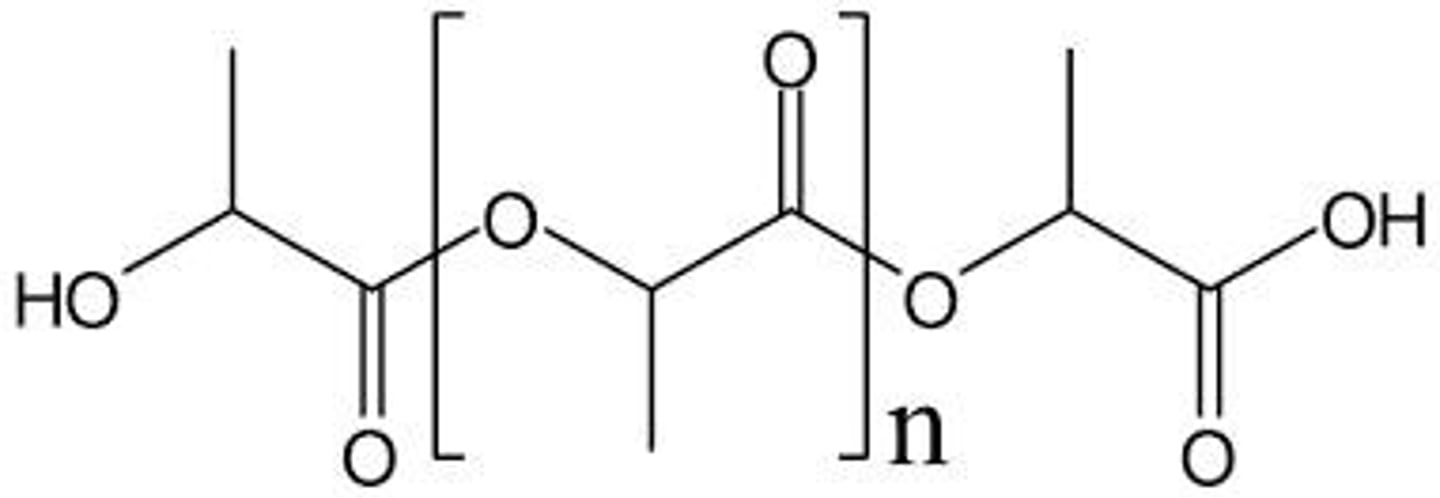 <p>Lactic acid --> Polylactic acid</p><p>-Derived from corn starch or sugar cane</p><p>-Biodegradable (can be ester hydrolysed), biocompatible, bioresorbable</p><p>-Used in packaging, textiles, medical devices</p>