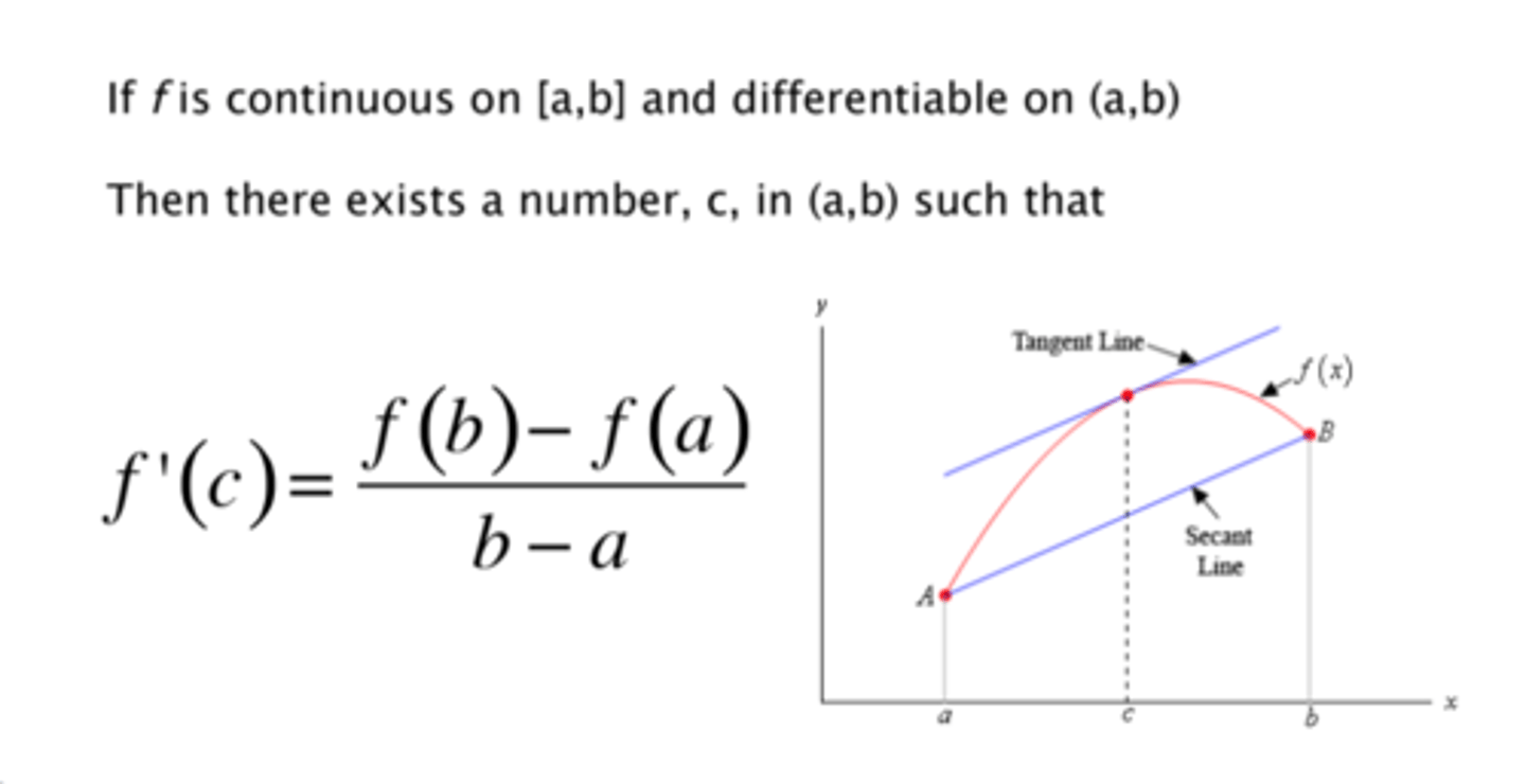 <p>IRC = ARC</p><p>continuous on closed, differentiable on the open. ALWAYS CHECK CONDITIONS. ONLY WORKS ON CLOSED INTERVALS</p>