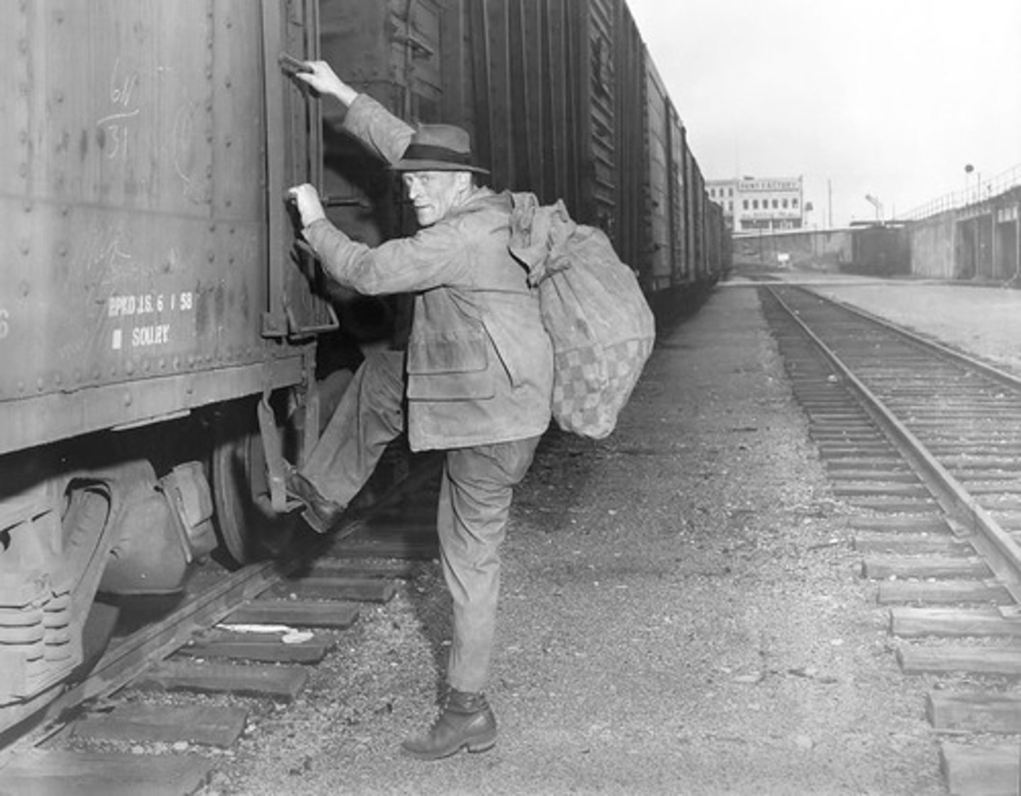 <p>Homeless wanderers during the depression, often traveled in boxcars on the railroad</p>