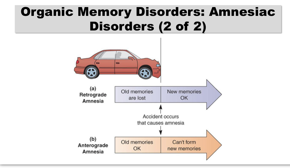 <p>Amnestic disorders – organic disorders in which memory loss is the primary symptom</p><p>• Anterograde amnesia – can’t form new memories</p><p>– “Hi. I’m Tom....Hi. I’m Tom”</p><p>• Retrograde amnesia – can’t remember</p><p>things before amnesia-inducing event – “Who am I?”</p>