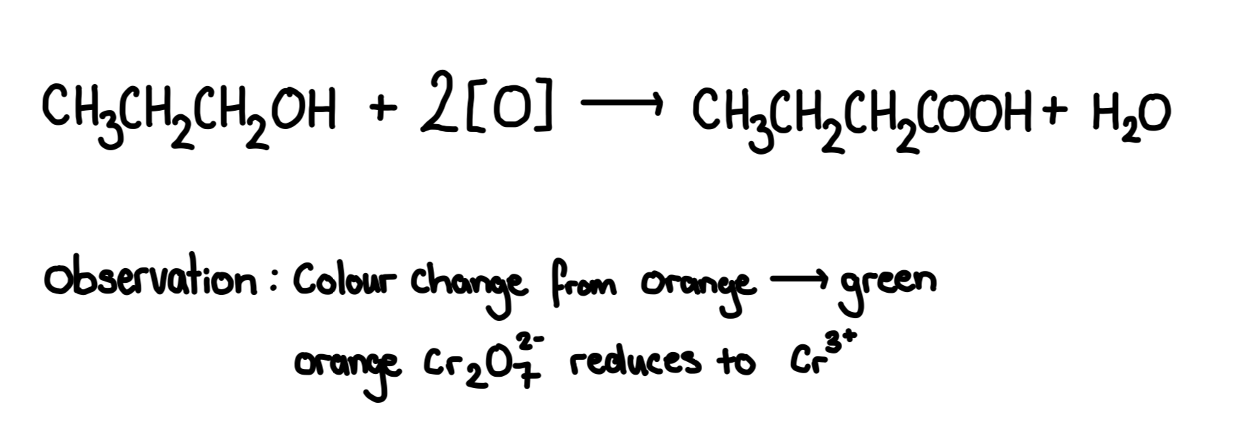 <p>Primary alcohols are fully oxidised into carboxylic acids</p><p>Reagent: acidified potassium dichromate and sulphuric acid Conditions for carboxylic acid: use excess of dichromate,heat under reflux, distill product once reaction is finished</p>