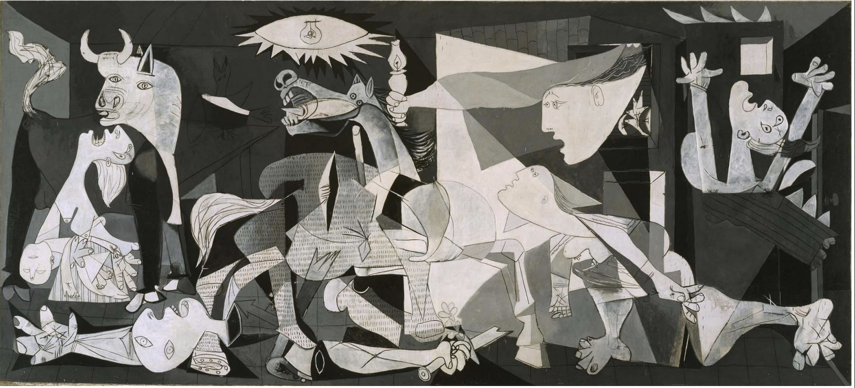<ul><li><p><span><strong>Key Features</strong>:<br><br></span></p><ul><li><p><span>A powerful anti-war mural depicting the bombing of the Spanish town of Guernica during the Spanish Civil War.<br><br></span></p></li><li><p><span>The chaotic, distorted forms of humans and animals represent the horror and suffering caused by the bombing.<br><br></span></p></li><li><p><span>Picasso uses a monochromatic palette of blacks, whites, and grays to evoke a somber and grim tone.<br><br></span></p></li></ul></li><li><p><span><strong>Memorable Fact</strong>: <em>Guernica</em> is one of the most iconic anti-war artworks in history, symbolizing the brutality of war and the impact on civilians.</span></p></li></ul><p></p>