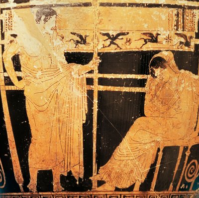 <p>Penelope Painter: Attic red-figure skyphos - Telemachos’ departure from Penelope, Greek, c. 440 BCE</p>