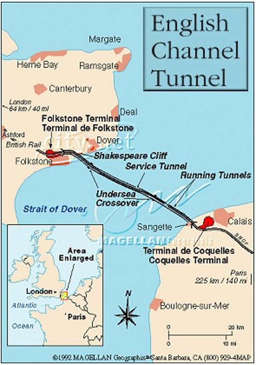 <p>The Channel Tunnel linked the UK and the continent.</p><p>It is a 50,5-kilometre underwater railway tunnel that connects England with France beneath the English Channel.</p><p>At its lowest point, it is 75 metres below the sea bed.</p><p>The speed limit for trains through the tunnel is 160 kilometres per hour.</p>