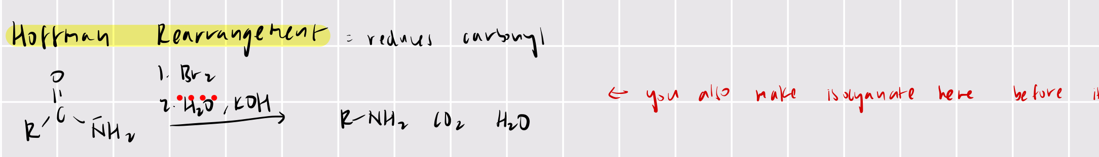 <p>hoffman rearrangement</p><ol><li><p>Br<sub>2</sub></p></li><li><p>H<sub>2</sub>O/KOH</p></li></ol><p></p>