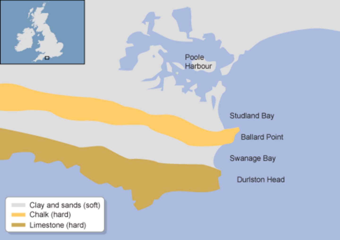 <p>Where layers of hard rock and soft rock are perpendicular to the coast, meaning that the coast is made up of multiple types of rock.</p>