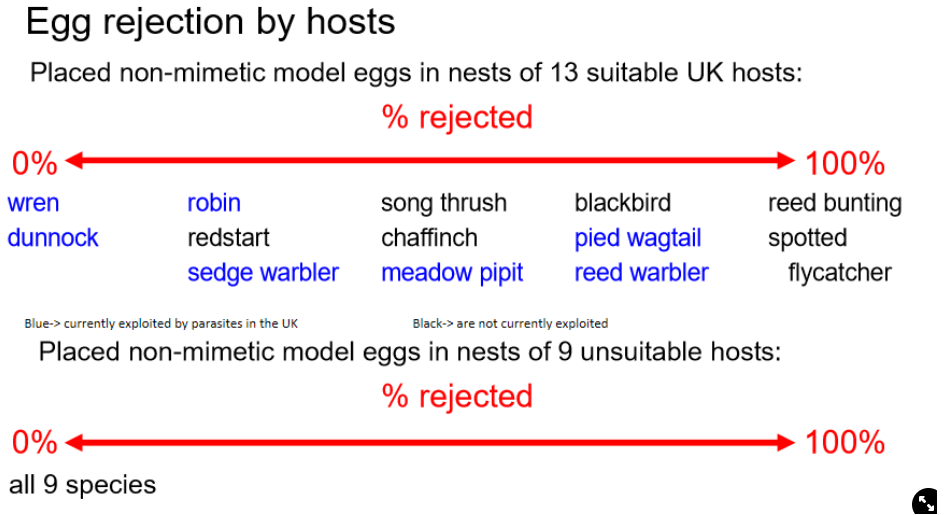 <p>those that are not currently being parasitised (black) still have rejection behaviour→ suggests they were parasitised at some point in the past and their defences won</p>