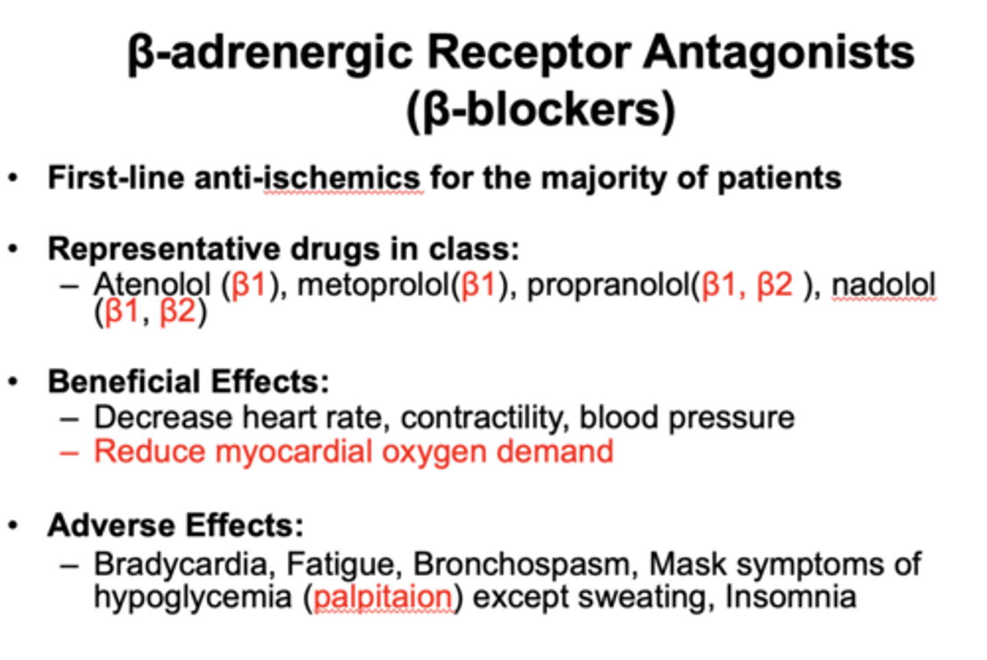 <p>reduce myocardial O2 demand</p><p>decrease HR, contractility, BP</p>