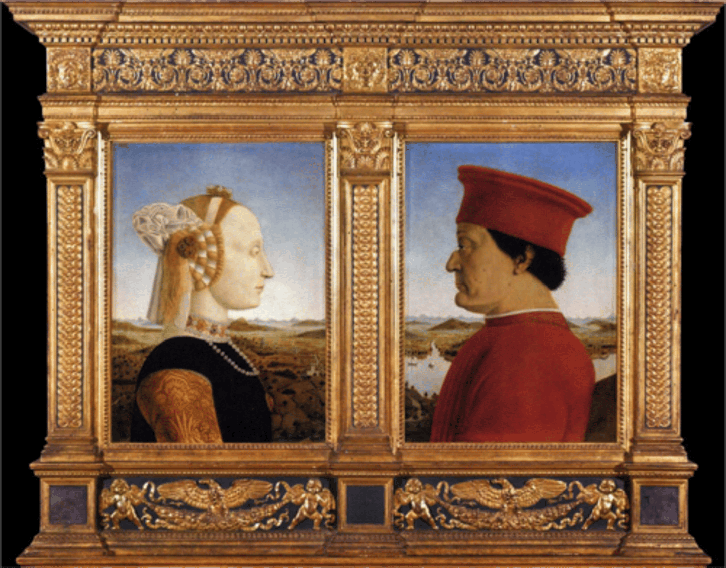 <p>(The Duke and Duchess of Urbino), ornate jewelry, side profile because duke lost his eye, decorative frame, husband was a minister, not a large painting.</p>