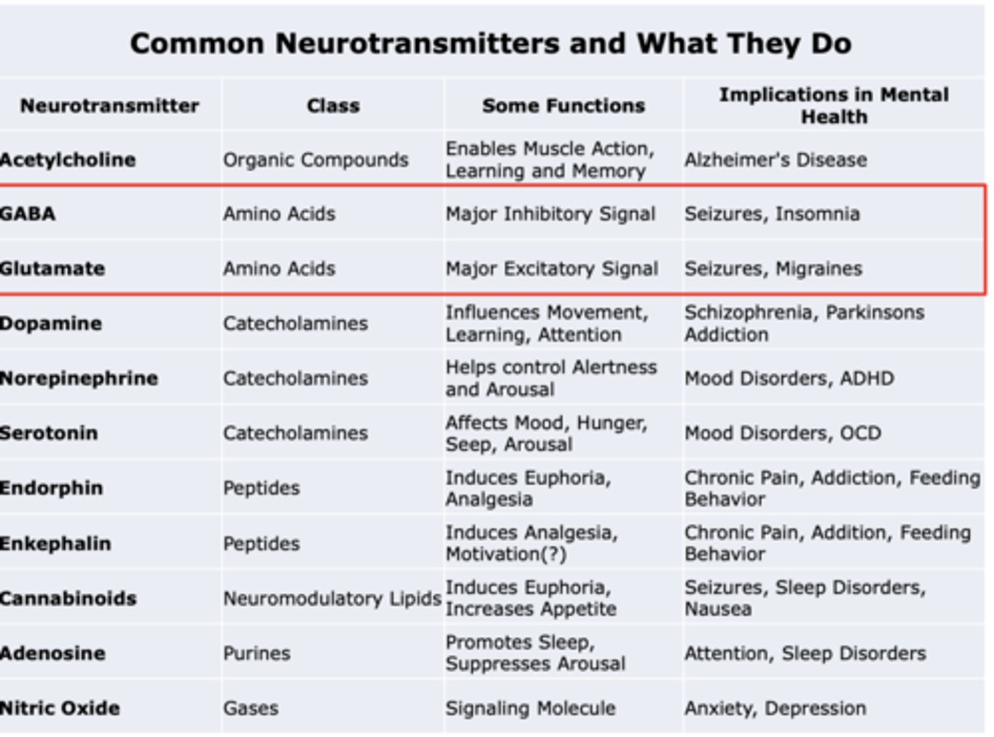 <p>Class: Amino Acids</p><p>Some functions: Major Excitatory Signal</p><p>Implications in mental health: Seizures, Migraines</p>