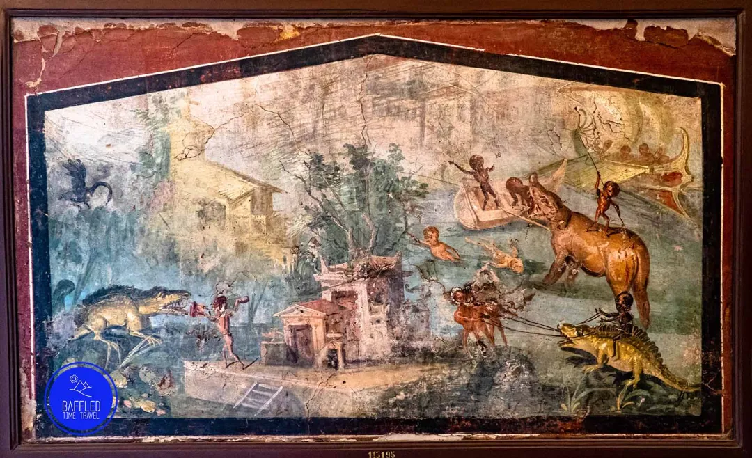 <p>House of the Surgeon, parody painting of pigmies hunting large animals</p>