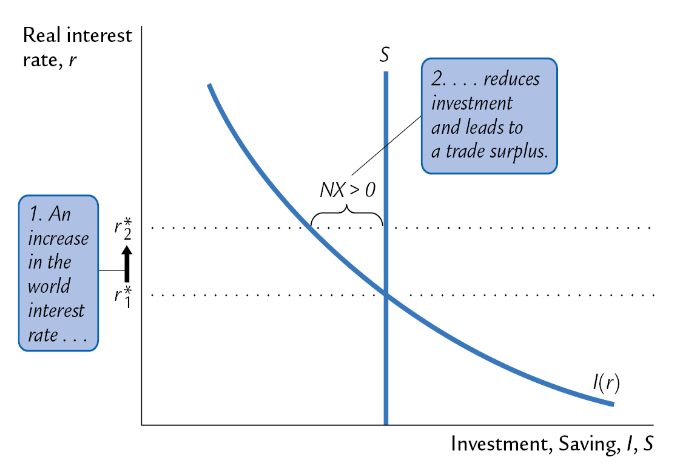 <p>It leads to an increase in the world interest rate, reducing investment and leading to a trade surplus</p>
