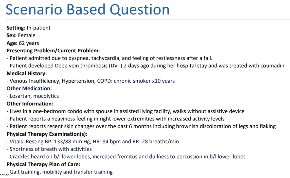 <p>Week 11 – Practice Question 1.1</p><p>On reading the medical reports, the physical therapist sees that the International Normalized Ratio (INR) level is 2.5. What is the MOST APPROPRIATE step to be taken by the physical therapist?</p><p>A. Continue with the planned exercise routine</p><p>B. Stop exercises until the INR levels are corrected</p><p>C. Increase the exercise routine</p><p>D. Advice the patient</p>