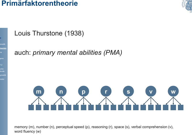 <p><strong>1. Zweifaktorenmodell (Spearman, 1904)</strong></p><ul><li><p><strong>Annahme:</strong> Intelligenz hat zwei Komponenten:</p><ul><li><p><strong>g-Faktor (general factor):</strong><br>→ Übergeordnete, <strong>allgemeine Intelligenz</strong>, die <strong>allen kognitiven Leistungen</strong> zugrunde liegt.</p></li><li><p><strong>s-Faktor (specific factor):</strong><br>→ <strong>Aufgabenspezifische Fähigkeiten</strong>, die je nach Test unterschiedlich sind.</p></li></ul></li><li><p><strong>Beispielhafte Interpretation:</strong><br>Wenn jemand gut im Rechnen und Sprachverständnis ist, liegt das daran, dass er einen <strong>hohen g-Faktor</strong> hat – plus jeweils <strong>spezifische Stärken</strong> in den Bereichen.</p></li></ul><p></p><div data-type="horizontalRule"><hr></div><p><span data-name="brain" data-type="emoji">🧠</span> <strong>2. Primärfaktorenmodell (Thurstone, 1938)</strong></p><ul><li><p><strong>Annahme:</strong> Intelligenz besteht aus <strong>mehreren gleichberechtigten, voneinander unabhängigen Primärfaktoren</strong>.</p></li><li><p>Die 7 <strong>Primärfaktoren</strong> (Primary Mental Abilities, PMA):</p><ol><li><p><strong>Verbal Comprehension</strong> (Sprachverständnis)</p></li><li><p><strong>Word Fluency</strong> (Wortflüssigkeit)</p></li><li><p><strong>Number</strong> (Rechenfertigkeit)</p></li><li><p><strong>Memory</strong> (Gedächtnis)</p></li><li><p><strong>Perceptual Speed</strong> (Wahrnehmungsgeschwindigkeit)</p></li><li><p><strong>Reasoning</strong> (logisches Denken)</p></li><li><p><strong>Space</strong> (räumliches Vorstellungsvermögen)</p></li></ol></li><li><p><strong>Beispielhafte Interpretation:</strong><br>Eine Person kann z. B. in Sprachverständnis stark sein, aber im räumlichen Denken schwächer – <strong>ohne dass ein einheitlicher g-Faktor zugrunde liegt</strong>.</p></li></ul><p></p>