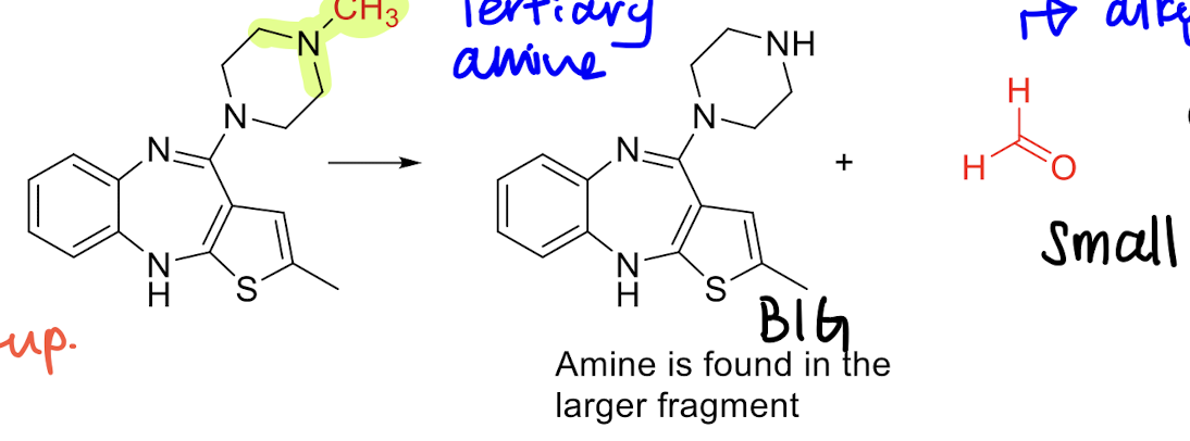 product: aldehyde + amine

generally second or thrid degree amines 

Amine: Big

Aldehyde: small