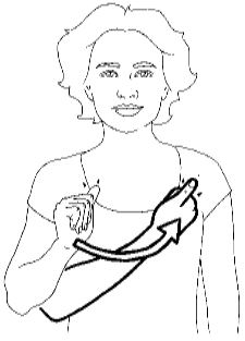 Point to one shoulder with
the "thumbs up" sign and
move it to the other shoulder