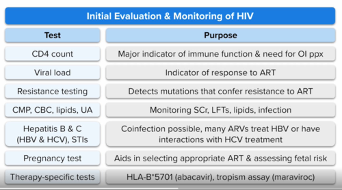 <p>CD4 count</p><p>Hiv viral load </p><p>Hiv genotypic testing</p><p>CMP</p><p>Hepatitis B and C screening pregnancy test </p><p>HLAB*5701 allele (abacavir)</p><p>ccr5 tropism test (maraviroc) </p>