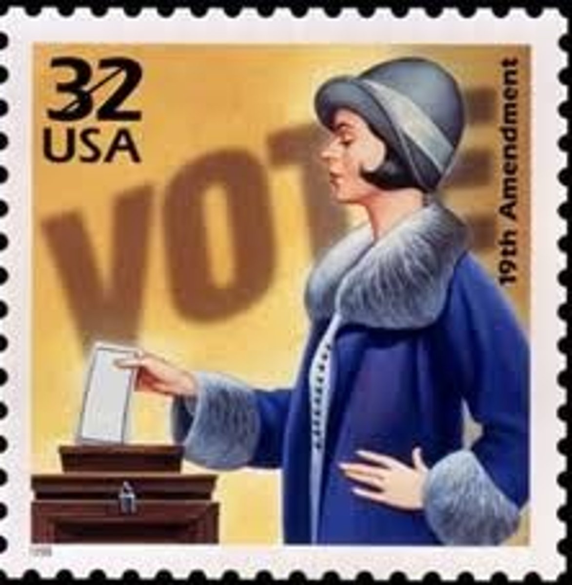 <p>The women's right to vote, granted by the 19th amendment to the U.S. Constitution (1920).</p>