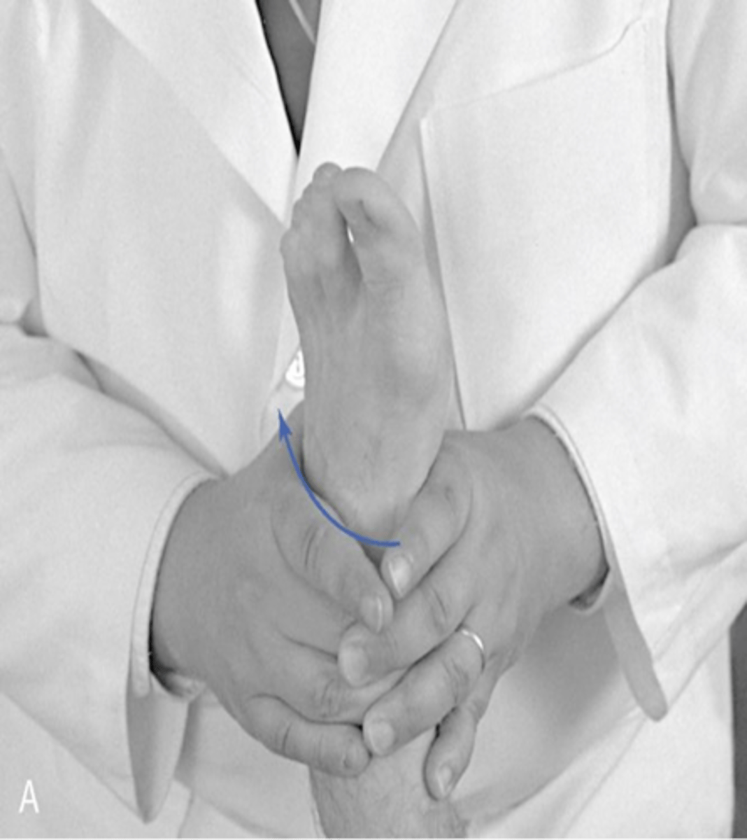 <p>Medial to lateral glide (inversion) of tibiotalar joint</p><p>- Patient position</p>