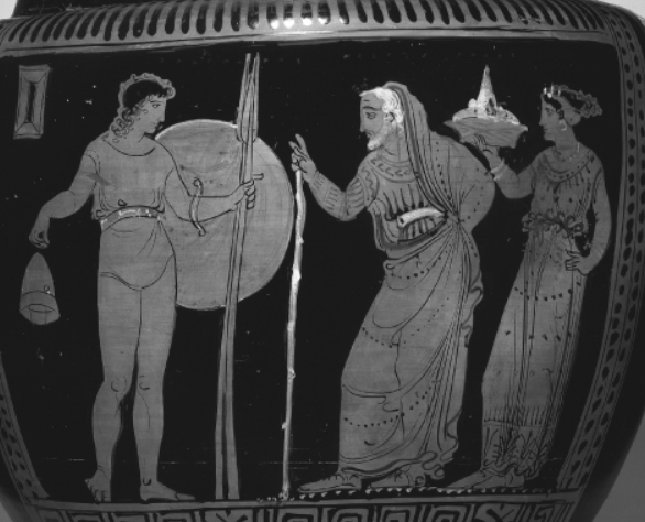 <p>Who supports himself with a staff and wears a veil? (Figure 3.2)</p>