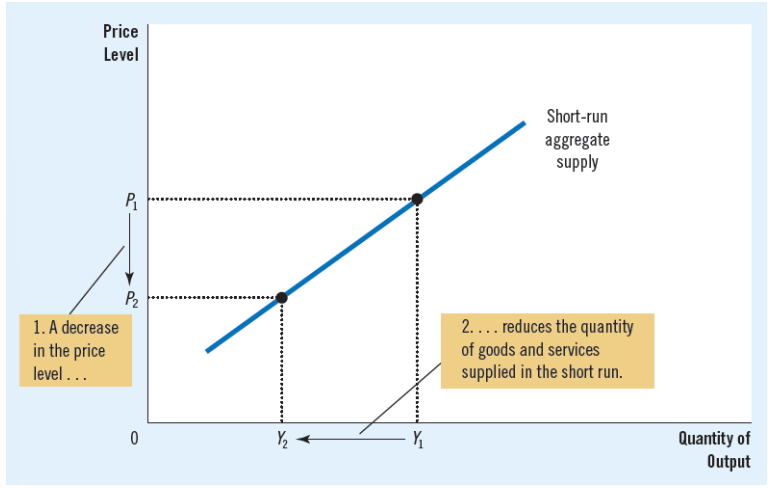<p>in short run, price level <em><span>does</span></em> affect the economy’s output→</p><p>increase in the overall level of prices in the economy tends to raise the quantity of goods and services supplied (short run!)</p><p>decrease in the level of prices tends to reduce the quantity of goods and services supplied (short run!)</p>