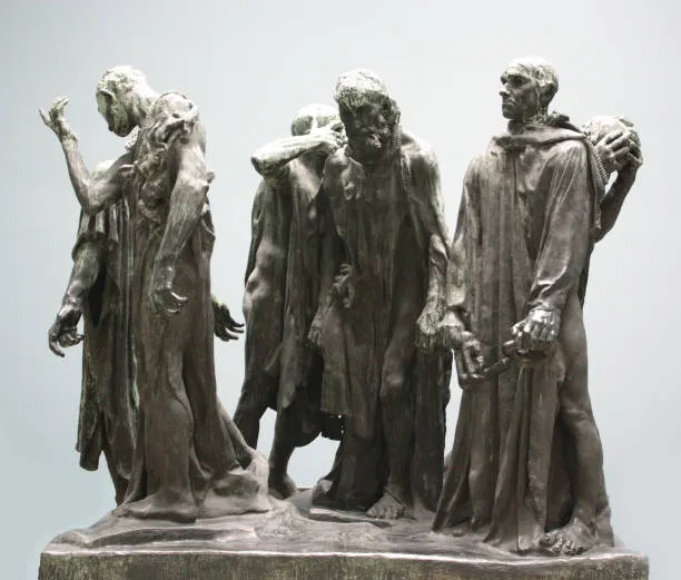 <ul><li><p><strong>ID:</strong> Auguste Rodin, 1884–1895 CE, Bronze, France</p></li><li><p><strong>Content:</strong> A group of six defeated, suffering men preparing to surrender to the English during the Hundred Years' War.</p></li><li><p><strong>Function:</strong> Commemorates their sacrifice while emphasizing human emotion over heroism.</p></li><li><p><strong>Context:</strong> Breaks from traditional monument style by depicting vulnerability.</p></li><li><p><strong>Form:</strong> Expressive poses, textured surfaces, individual distress visible.</p></li></ul><p></p>