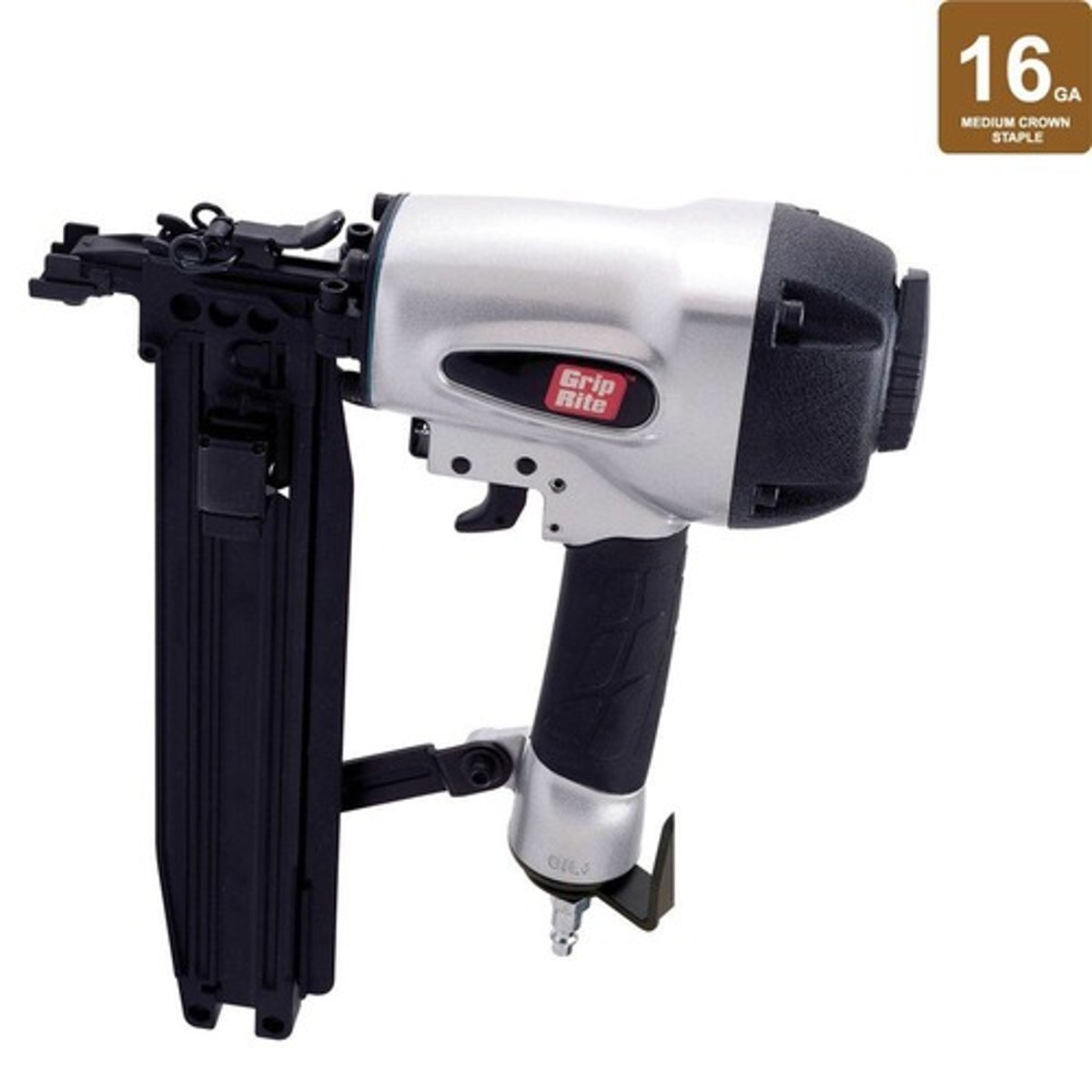 <p>An air-powered tool used to drive staples.</p><p>Uses larger staples than the narrow crown, can be used for building Hollywood flats</p>