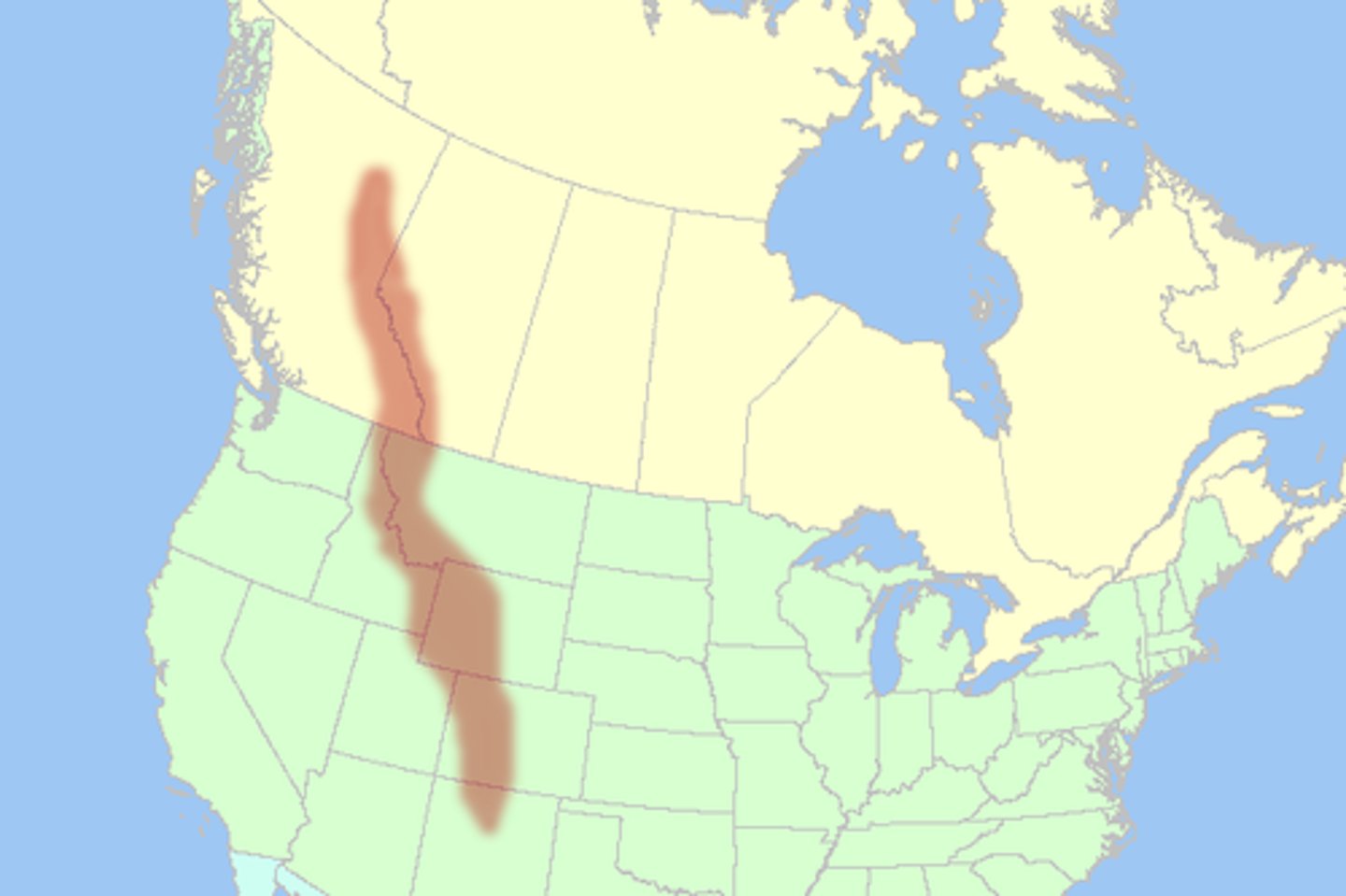 <p>A major mountain system of the United states and Canada, extending 3,000 miles from Alaska south to New Mexico</p>
