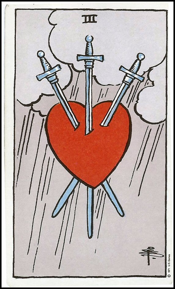 <p>Three of Swords (Upright)</p>