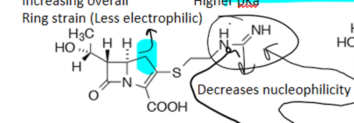 <p>Carbapenem (Greater ring strain than penicillins), derivative of thienamycin (Too reactive to be used as a drug), hydrolyzed by renal dehydropeptidase-1 (Can overcome with cilastatin co-aministration), broad-spectrum and restricted use ("Magic Bullet")</p>