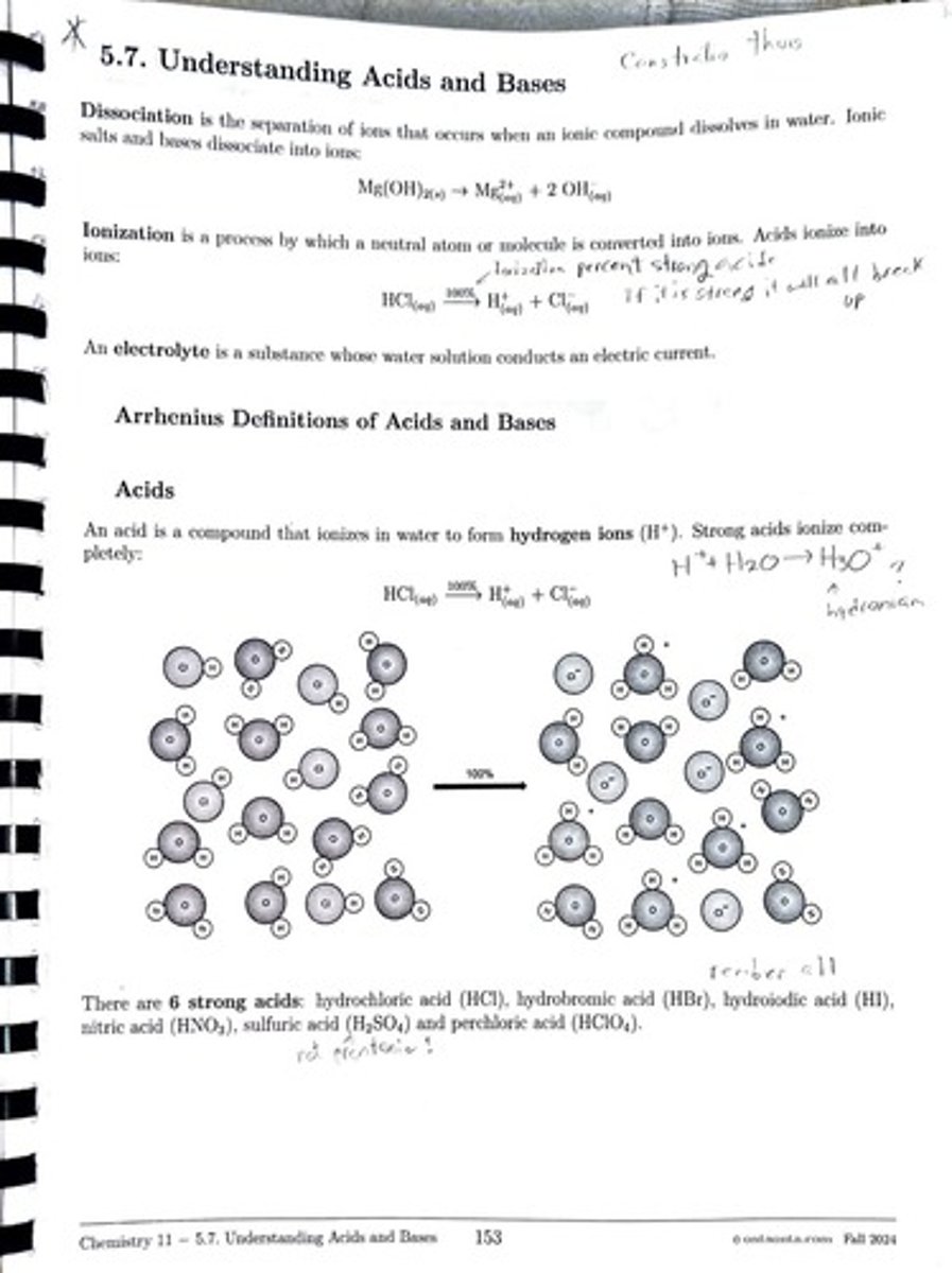 <p>An acid is a compound that ionizes in water to form hydrogen ions (H+).</p>