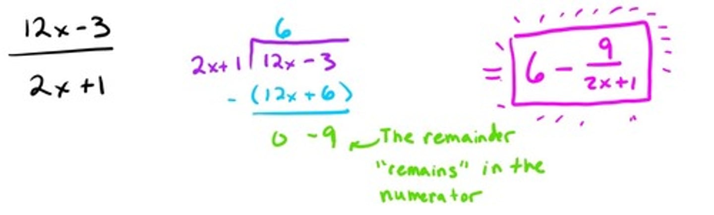 <p>One way to divide two polynomials is to use long division. You first look at what you need to multiply to get from the first term of the outside to the first term on the inside (in this example it's 6 because 2x times 6 is 12x) then you multiply both outside terms by the number you chose. Then subtract. When you're left with a single digit we consider that our remainder and it because the numerator in our final answer. We subtract the two pieces because our remainder was negative. If our remainder was positive we would add the two.</p>
