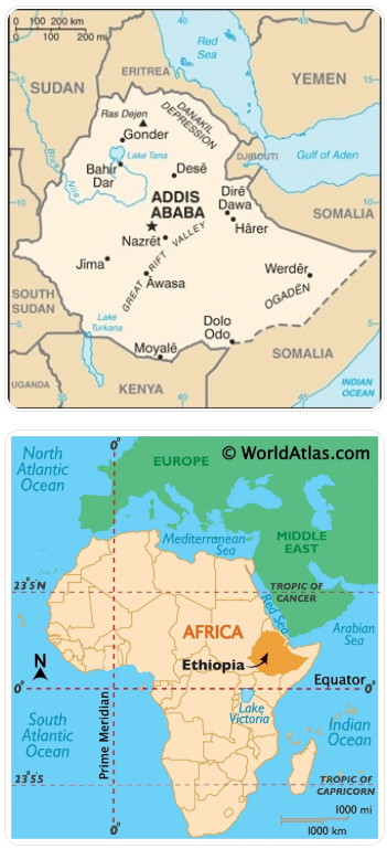 <ul><li><p>east africa</p></li><li><p>just above the equator</p></li><li><p>landlocked - borders 6 countries</p></li><li><p>near the red sea</p></li></ul><p><strong>western highlands:</strong> wettest - one long rainy season, cooler temps (15-35<sup>o</sup>), good farming conditions but steep land makes it hard<br><strong>central area:</strong> 2 rainy seasons &amp; 1 dry season, unreliable rainfall, higher temps (25-40<sup>o</sup>)<br><strong>eastern lowlands: </strong>v hot (30-40<sup>o</sup>), little unreliable rain, alternating wet &amp; dry seasons, livestock but land overuse causes soil erosion &amp; desertification</p>