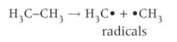 <ul><li><p>each of the bonded atoms takes one of the shared pair of electrons from the bond</p></li><li><p>each atom now has a single unpaired electron</p></li><li><p>each atom or groups of atoms with an unpaired electron is called a radical</p></li></ul><p></p>