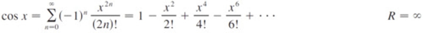 <p>∑(-1)ⁿ(x²ⁿ)/(2n)!=1-x²/2!+x⁴/4!-x⁶/6!+...</p><p>R=infinity</p>