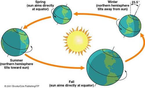 The tilt of Earth's axis causes sunlight to fall differently on Earth at different times of the year