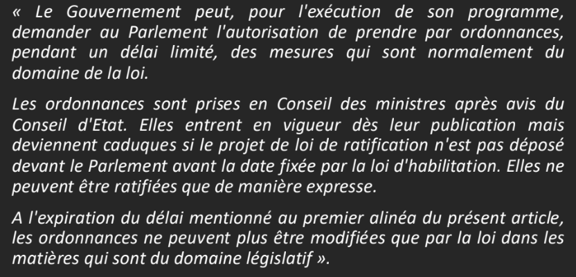 <p>Les ordonnances (actuel, mais pas de changement majeur)</p><p>L’article 47 prévoit l’usage des ordonnances pour mettre en oeuvre le budget si celui-ci n’est pas voté par le Parlement à temps</p>