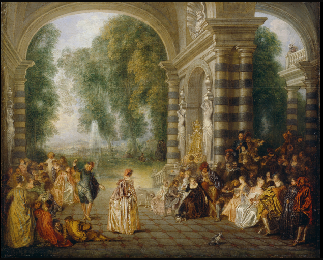 <p>Antonie Watteau, The Pleasures of the Ball (Les Plaisirs du Bal), c. 1715-17, oil on canvas, 65.2 × 52.5 </p><p></p><p>What are the piece’s form, function, content, and context?</p>