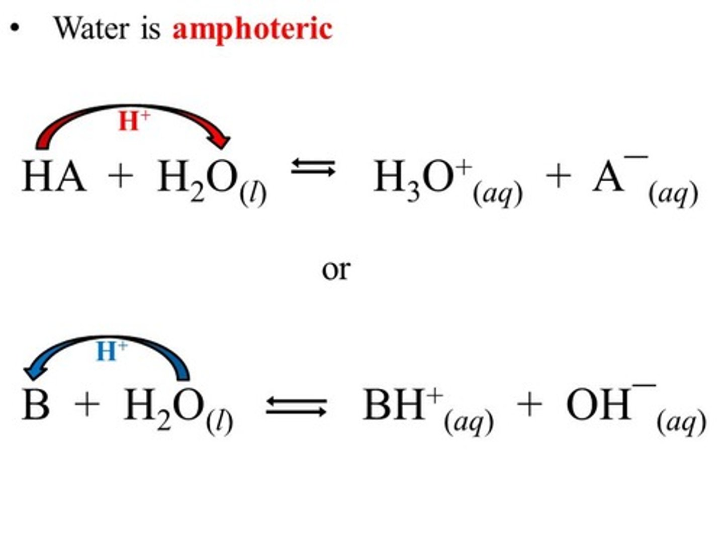<p>To say that water is amphoteric means that water can act as both an acid and a base.</p>